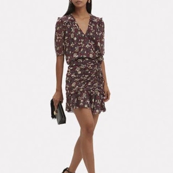 Veronica Beard Dresses & Skirts - Veronica Beard Floral Bordeaux Dakota Ruched Silk Mini Dress Burgundy Size 8